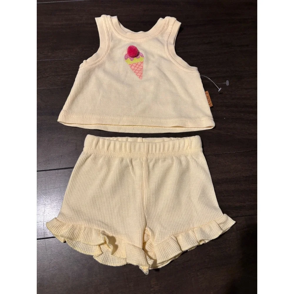 Lila & Jack Baby Waffle Knit Ice Cream Tank and Ruffle Shorts Set Yellow 3-6M